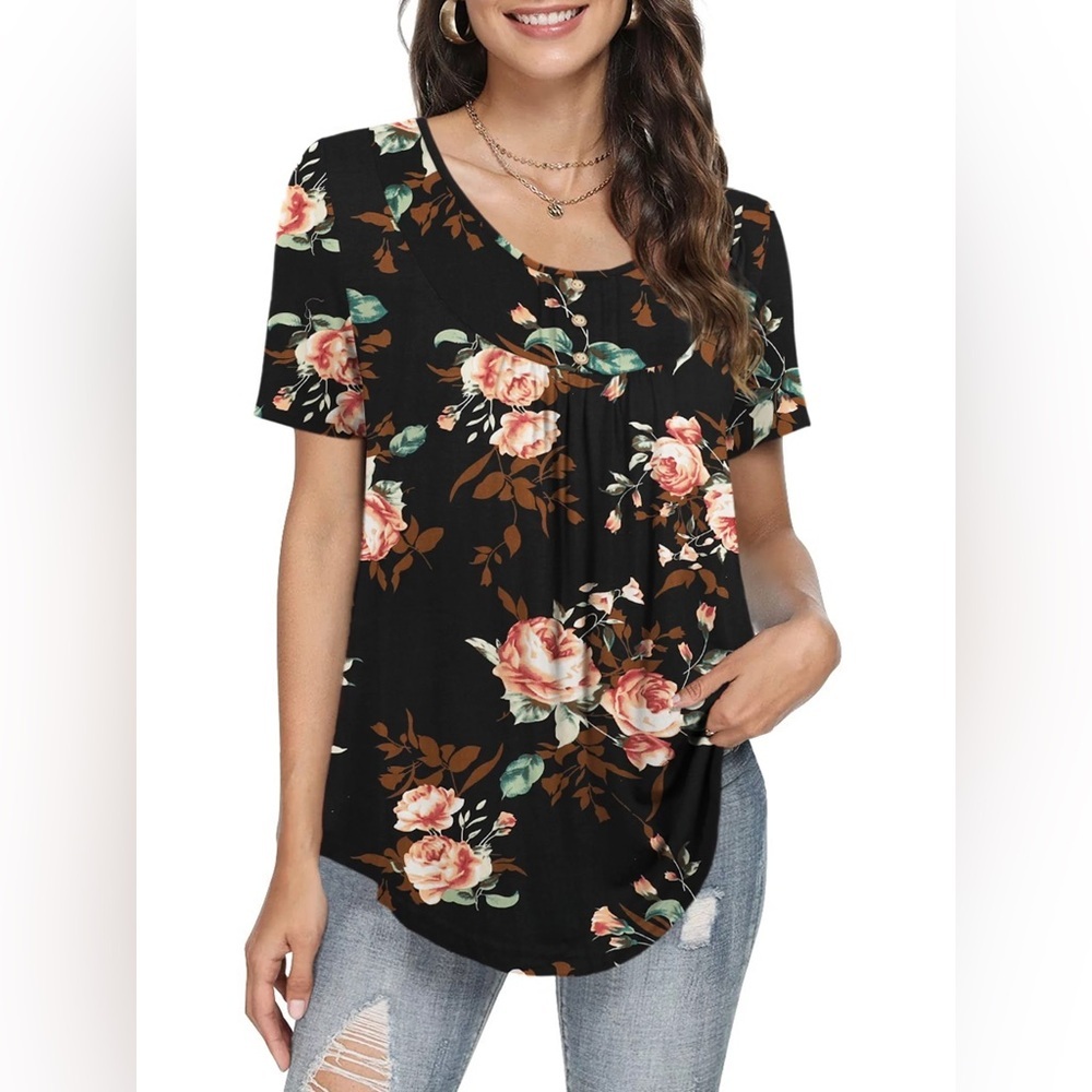 U.Vomade Floral Women’s Blouse Black Short Sleeve Button Detail - Size 4X
